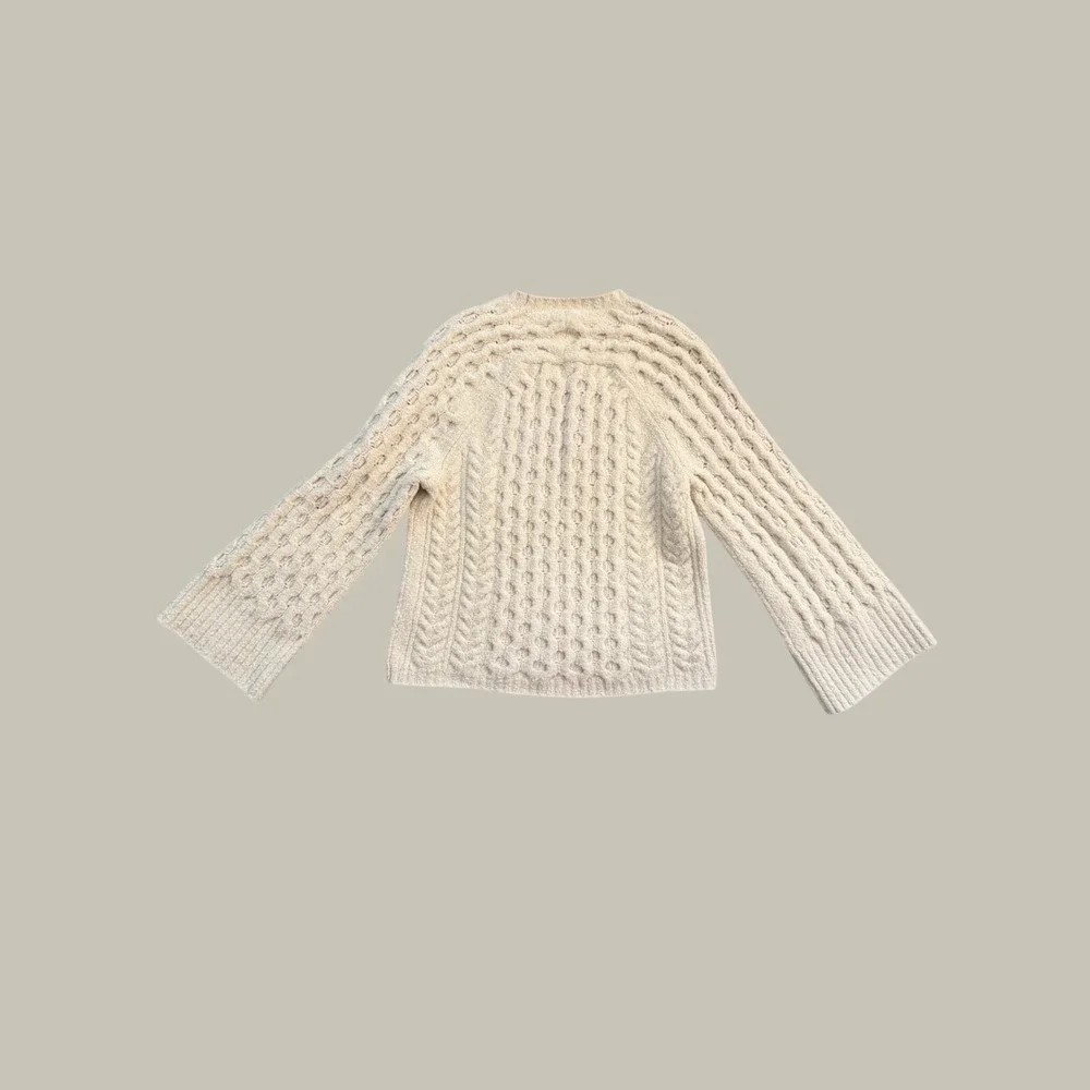 J. Crew Cream Boucle Cable Knit Sweater Bell Sleeve Womens Small Ivory Chunky